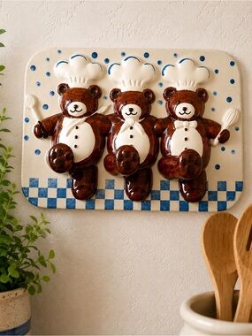 Vintage B&D Japan Ceramic Chef Bears Kitchen Towel Holder Wall Decor